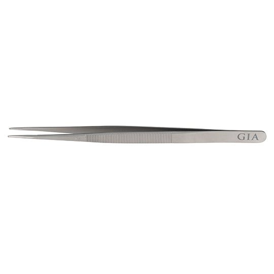 GIA tweezers with .3 mm hole and groove, with GIA logo at base, rounded tips, and serrated handles