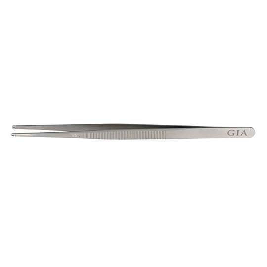 GIA tweezers with .10 mm hole and groove, with GIA logo at base, rounded tips, and serrated handles