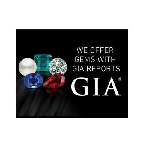 Graphic with text "We offer gems with GIA report", group of 5 gems, GIA logo, and black background