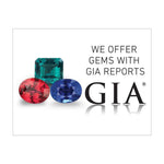 Graphic with text "We offer gems with GIA reports", 3 colored gems, GIA logo, and white background