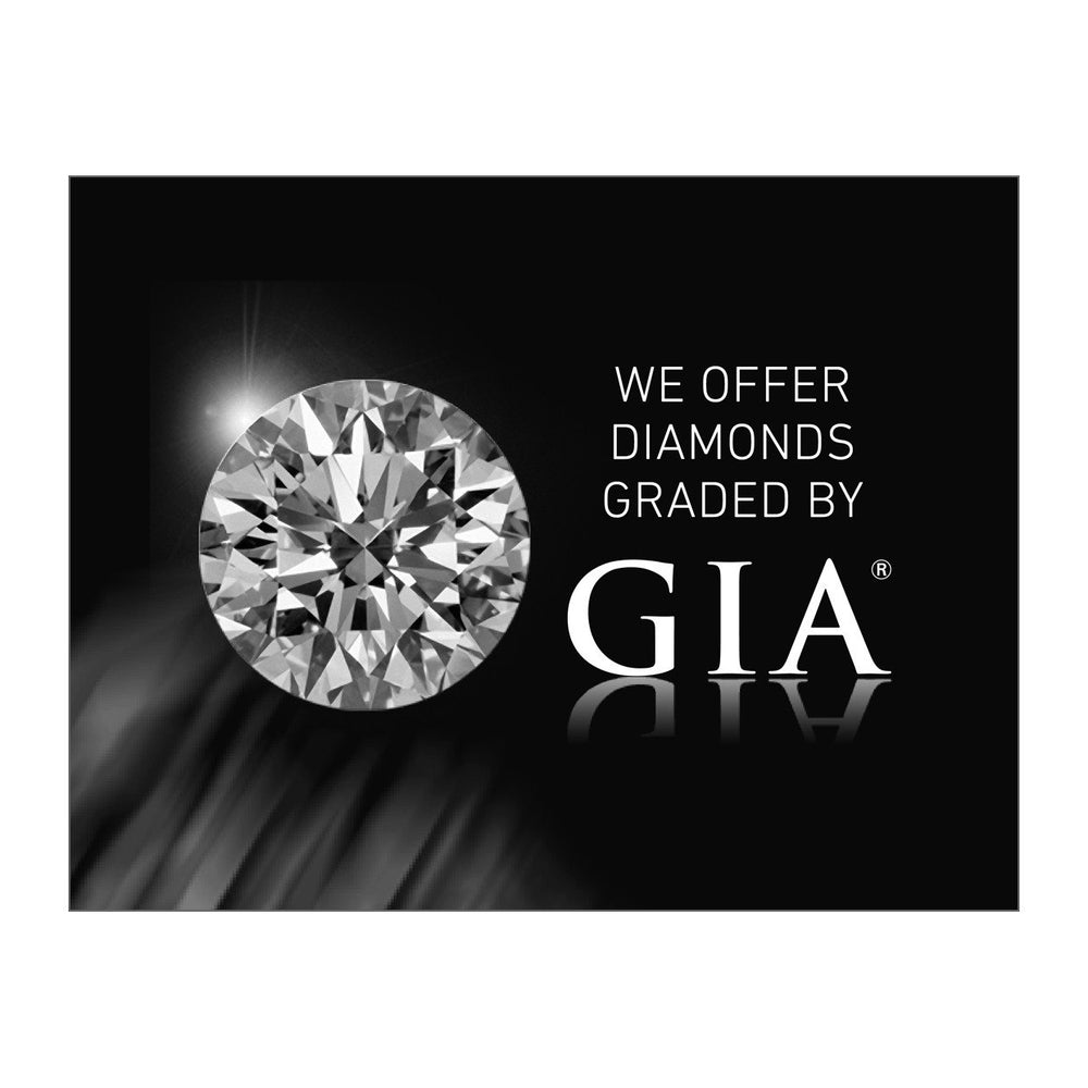 Graphic with text "We Offer Diamonds Graded By GIA", grayscale diamond photo, GIA logo, and black background