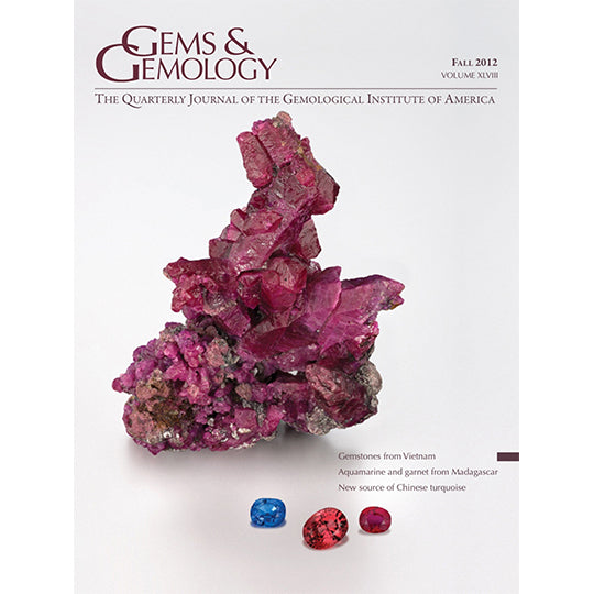 Cover of Gems & Gemology Fall 2012 issue, featuring rough red gem and polished gems