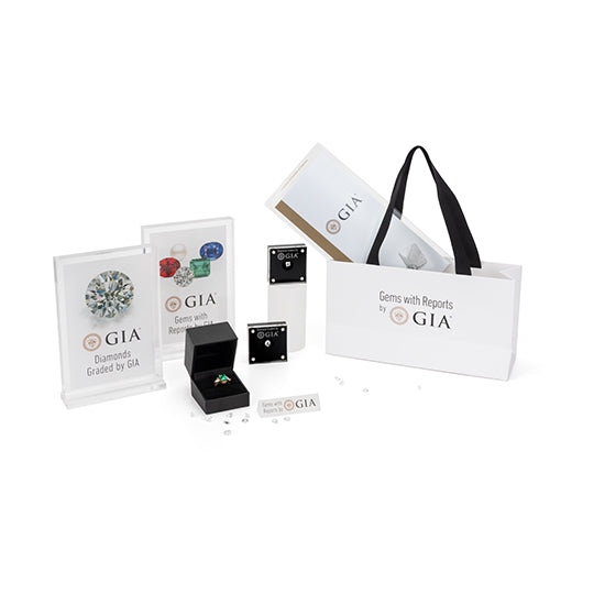 All displays and products included in GIA signage kit, shown with gemstones and jewelry