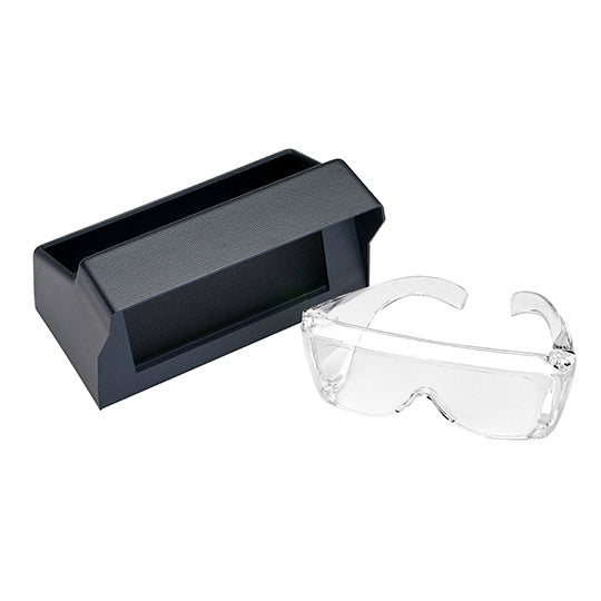 Black viewing cabinet next to contrast control spectacles