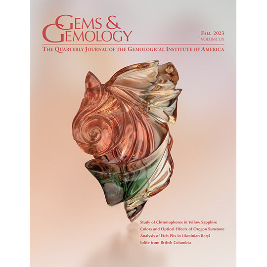 Cover of Gems & Gemology Fall 2023 issue, featuring Oregon sunstone carved by Darryl Alexander.