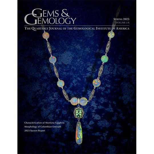 Cover of Gems & Gemology Spring 2023 issue, featuring an opal and green tourmaline necklace designed by Zoltan David.