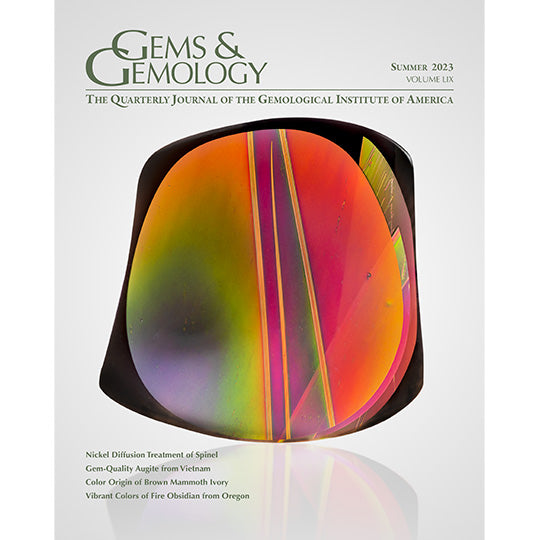 Cover of Gems & Gemology Summer 2023 issue, featuring fire obsidian cut by Tom Dodge.
