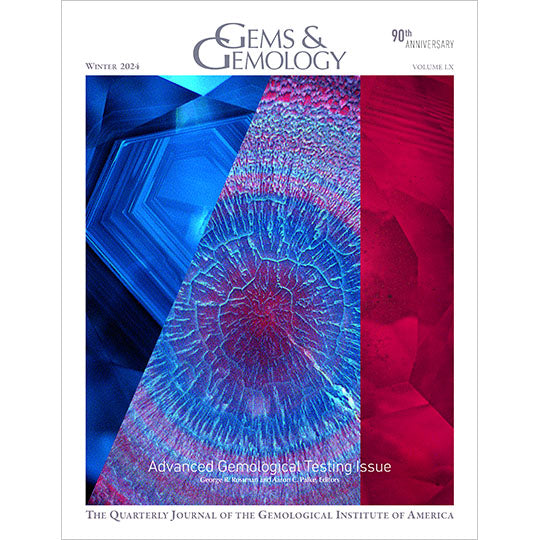 Cover of Gems & Gemology Winter 2024 issue, featuring DiamondView fluorescence images of diamond, pearl, and sapphire.