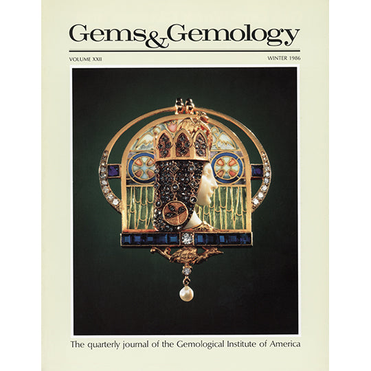 Cover of Gems & Gemology Winter 1986 issue, featuring flat sculpture of queen made from jewels and metals