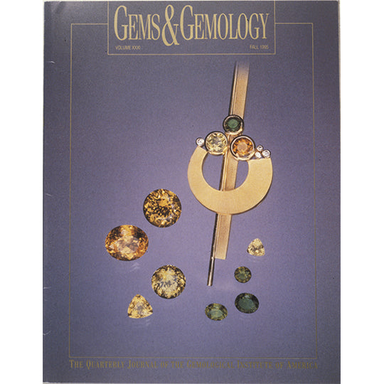 Cover of Gems & Gemology Fall 1995 issue, featuring earth tone gemstones with abstract gold object
