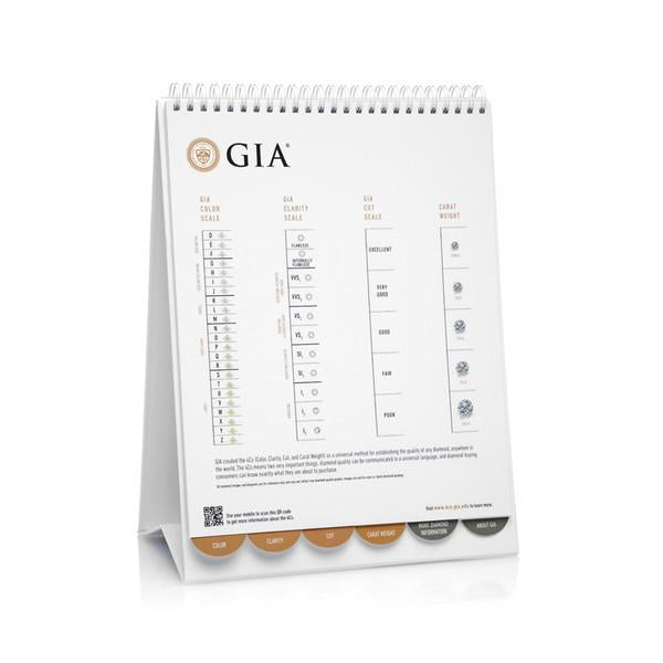 Tabletop flipchart open to page with charts for grading color, cut, clarity, and carat weight