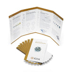 Stack of 4Cs brochures, and brochure open to show color, clarity, cut, and carat weight pages
