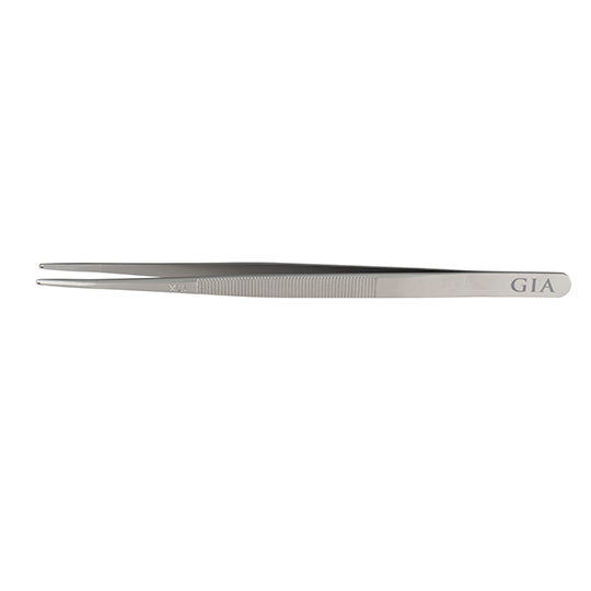 GIA tweezers with .8 mm hole and groove, with GIA logo at base, rounded tips, and serrated handles