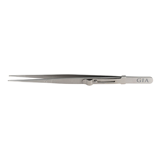 GIA Tweezers with slide lock, .3 mm hole, serrated handles, and GIA logo at base