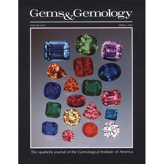 Cover of Gems & Gemology Spring 1990 issue, featuring polished gemstones of various shapes and colors