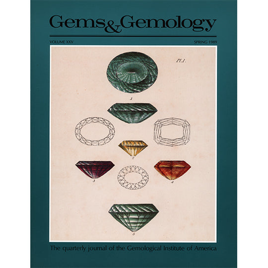 Cover of Gems & Gemology Spring 1989 issue, featuring illustrations of many faceted gemstones 