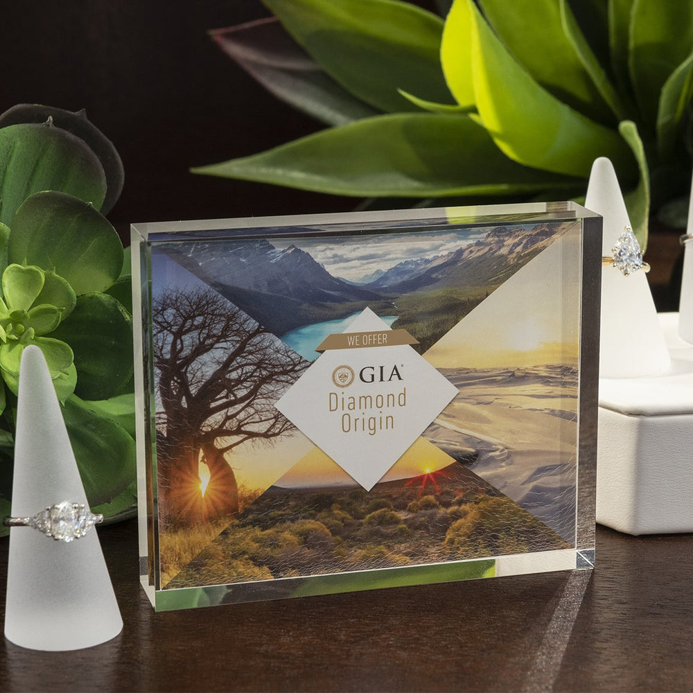 Acrylic case on table displaying sheet with landscape imagery and text "We offer GIA Diamond Origin"