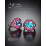 Cover of Gems & Gemology Fall 2016 issue, featuring lip-shaped rings holding gemstones inside 'mouth"