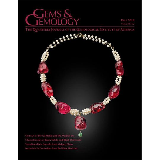 Cover of Gems & Gemology Fall 2019 issue, featuring necklace made with pearls and thick red gems