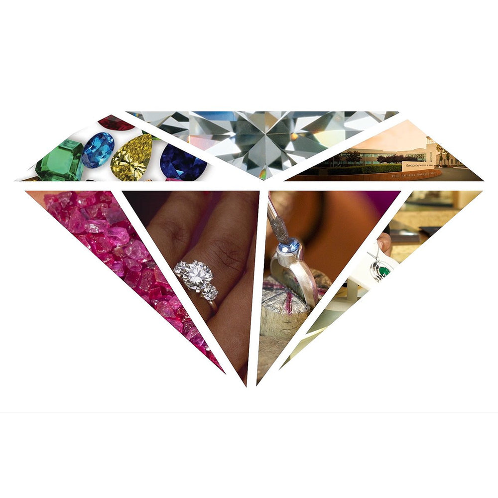 GIA diamond logo overlayed with images of gems, jewelry, and GIA campus