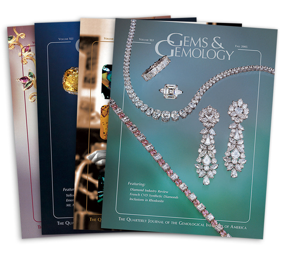 Stack of 4 2005 Gems & Gemology issues; top issue features silver strings of gems and earrings