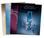 Stack of 4 2007 Gems & Gemology issues; top issue features cylindrical blue gem with mineral growths