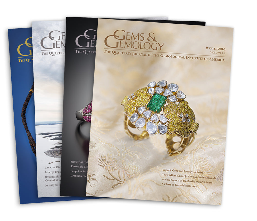 Stack of 4 2016 Gems & Gemology issues; top issue features finely detailed gold jewelry piece