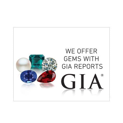 Graphic with text "We offer gems with GIA reports", group of 5 gems, GIA logo, and white background
