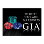 Graphic with text "We offer gems with GIA reports", 3 colored gems, GIA logo, and black background