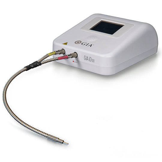 GIA iD100, white device with small digital screen and attached silver cord with testing probe