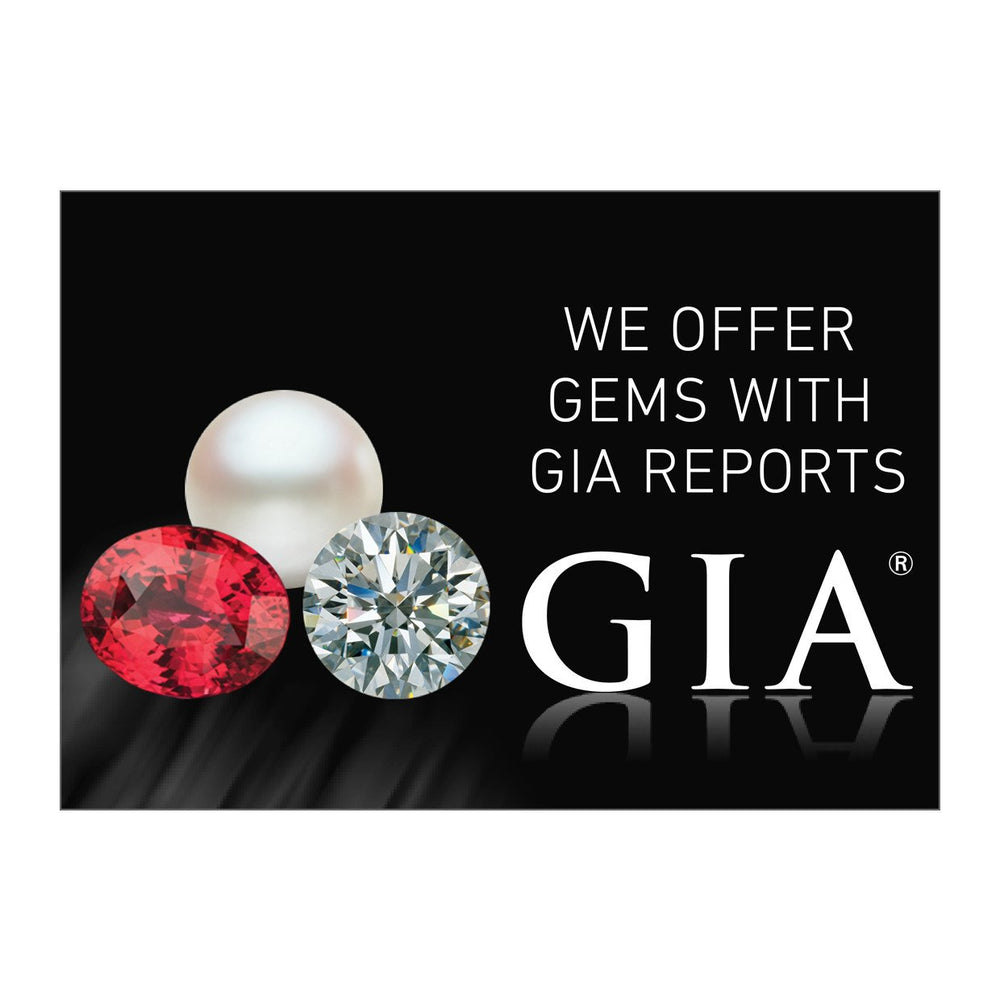 Graphic with text "We Offer Gems With GIA Reports", group of 3 gems, GIA logo, and black background