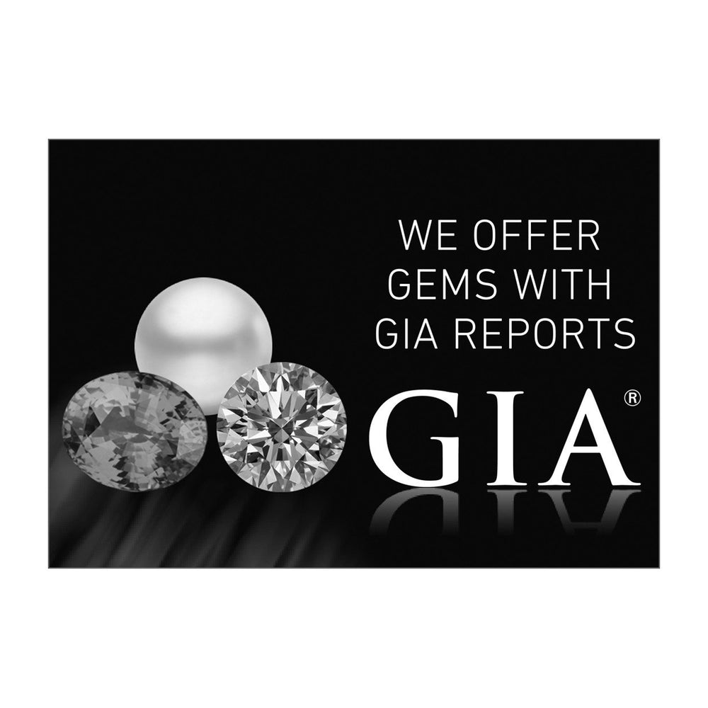 Grayscale graphic with text "We Offer Gems With GIA Reports", group of 3 gems, GIA logo, and black background