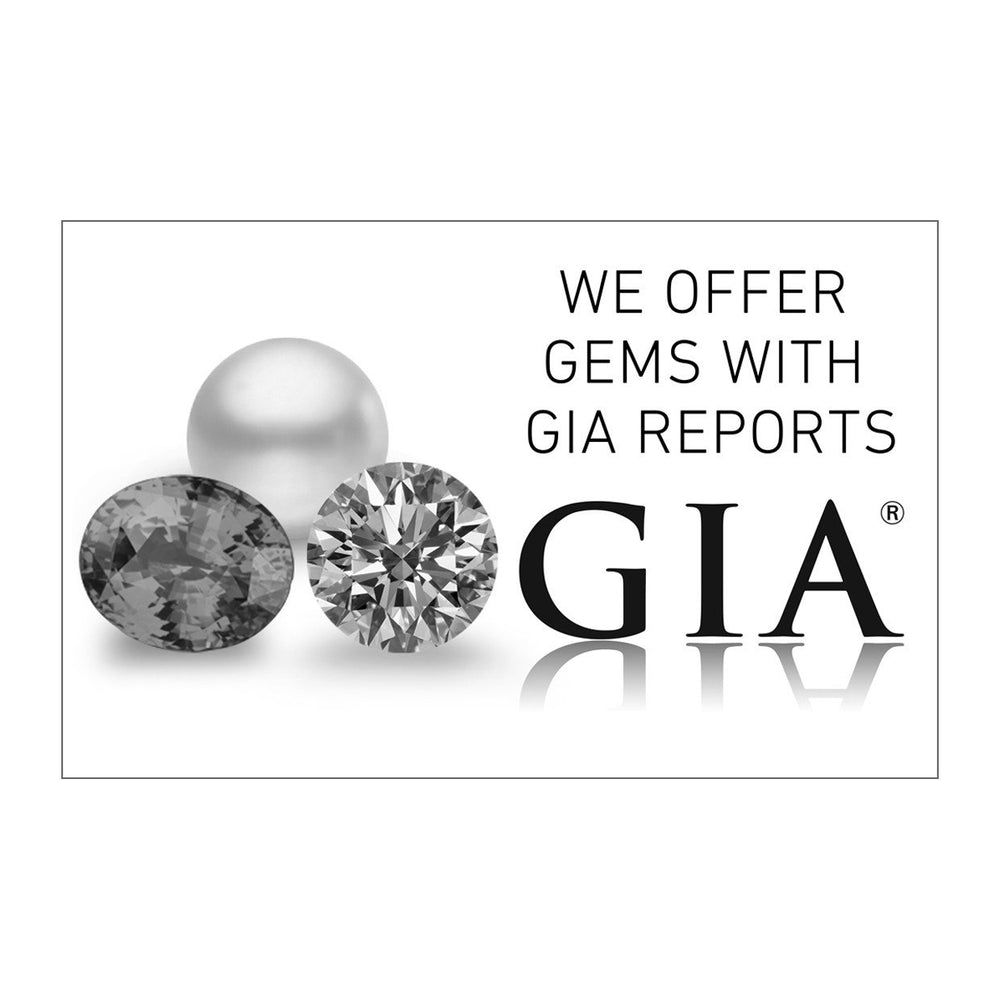 Grayscale graphic with text "We Offer Gems With GIA Reports", group of 3 gems, GIA logo, and white background