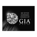 Graphic with text "We Offer Diamonds Graded By GIA", grayscale diamond photo, GIA logo, and black background