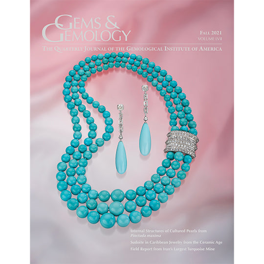 Cover of Gems & Gemology Fall 2021 issue, featuring a three-strand necklace and earrings of Persian turquoise complemented by diamonds.