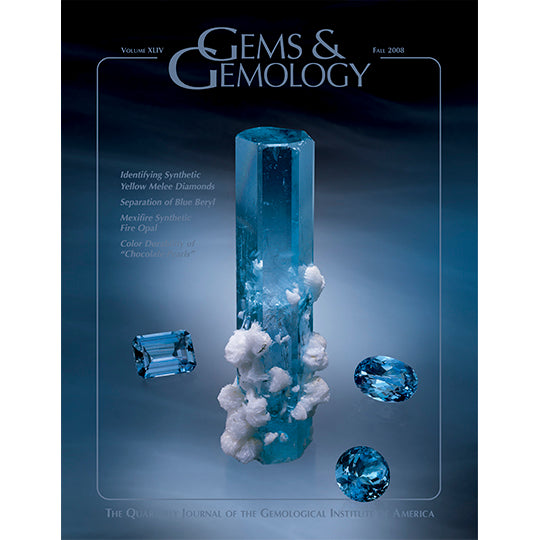 Cover of Gems & Gemology Fall 2008 issue, featuring cylindrical gem with mineral growths