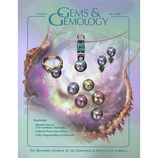 Cover of Gems & Gemology Spring 2004 issue, featuring black and colored pearls