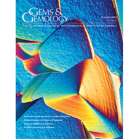Cover of Gems & Gemology Summer 2015 issue, featuring brightly colored photomicrograph