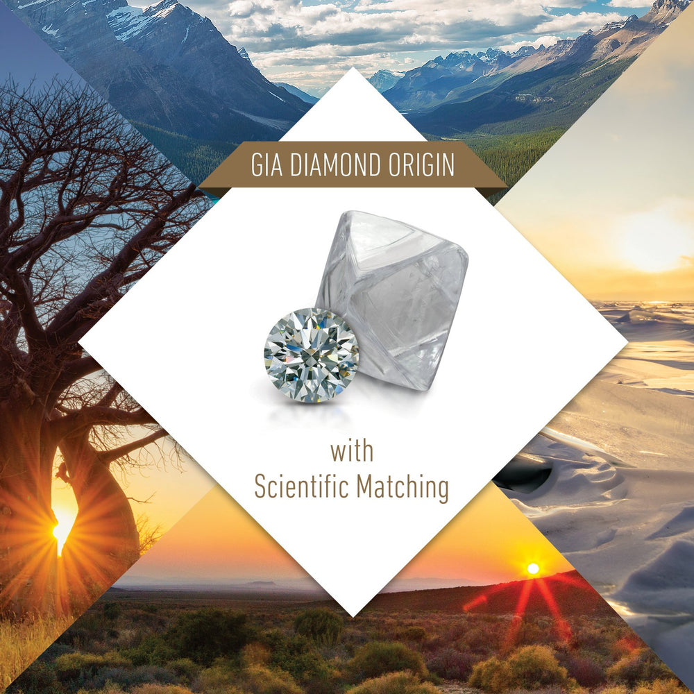 Square graphic with title "GIA Diamond Origin with Scientific Matching", diamond, and beautiful landscapes