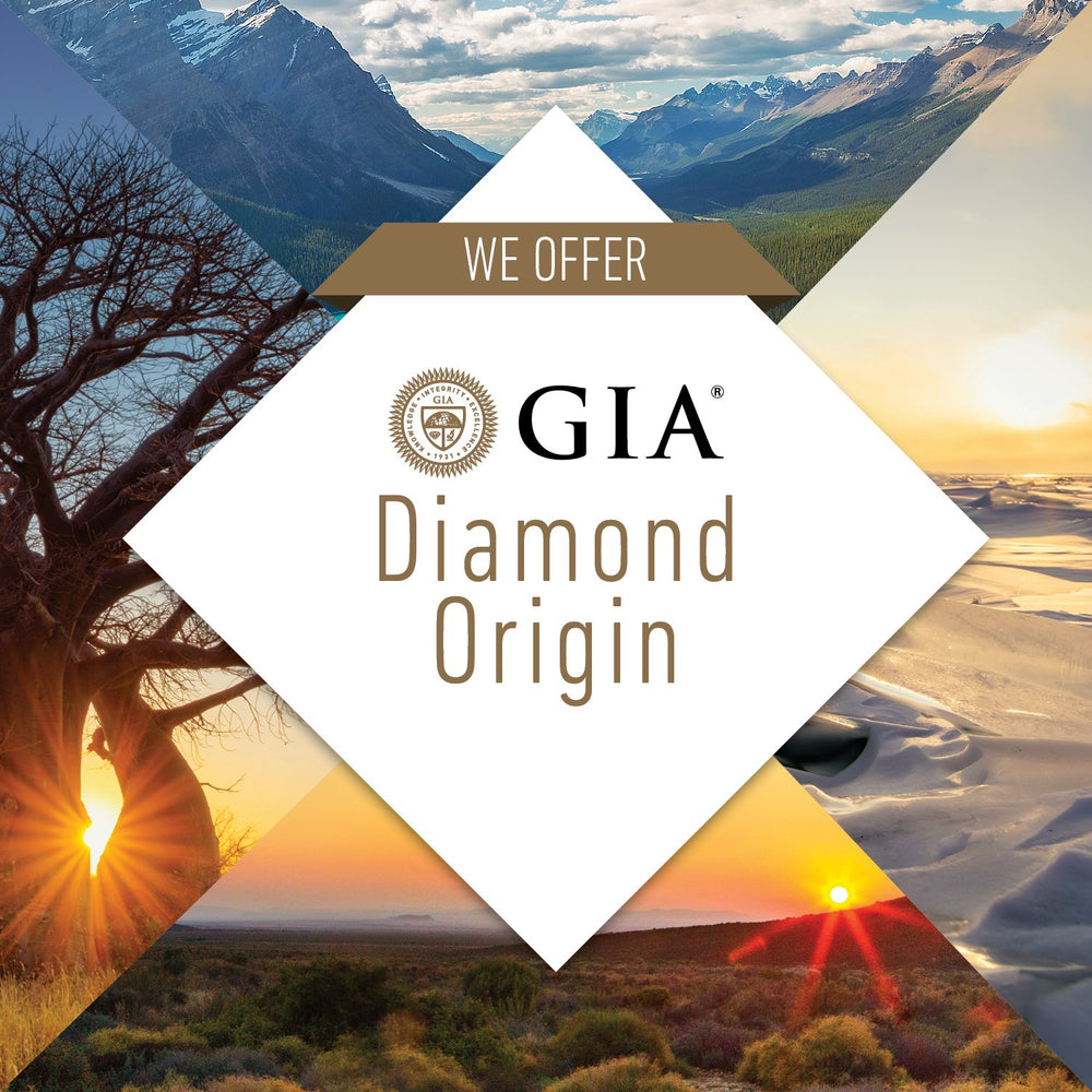 Square graphic with title "We Offer GIA Diamond Origin" against beautiful landscape photographs