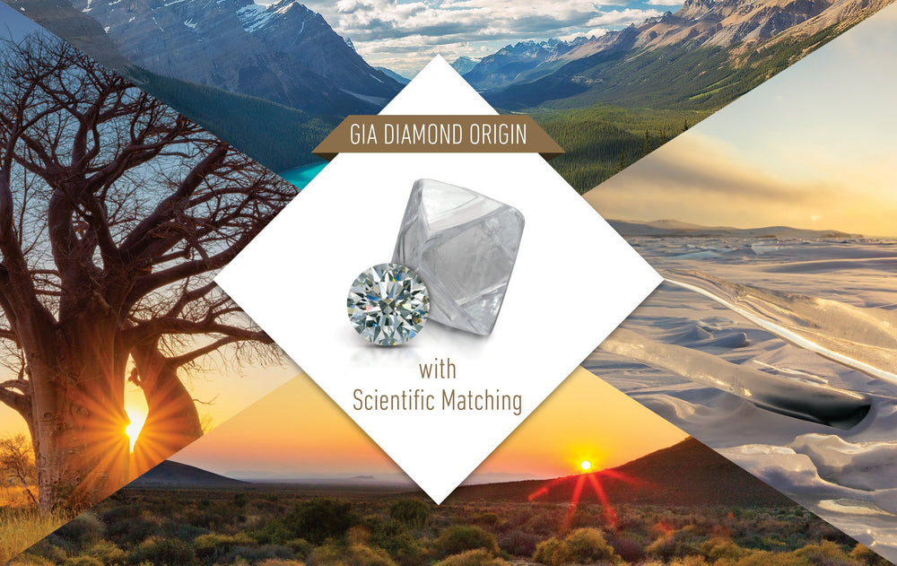 Rectangular graphic with title "GIA Diamond Origin with Scientific Matching", diamond, and beautiful landscapes