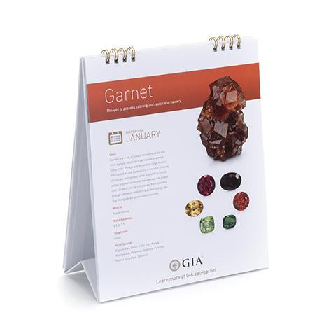 Birthstone Flipchart standing up, opened to page displaying garnet gemstones and garnet facts