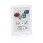 Clear acrylic case displaying poster with gem images, logo, and heading "Gems with Reports by GIA"