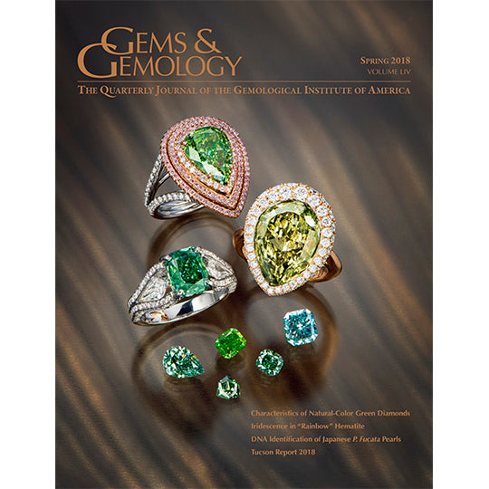 Cover of Gems & Gemology Spring 2018 issue, featuring green gems and rings holding large green gems