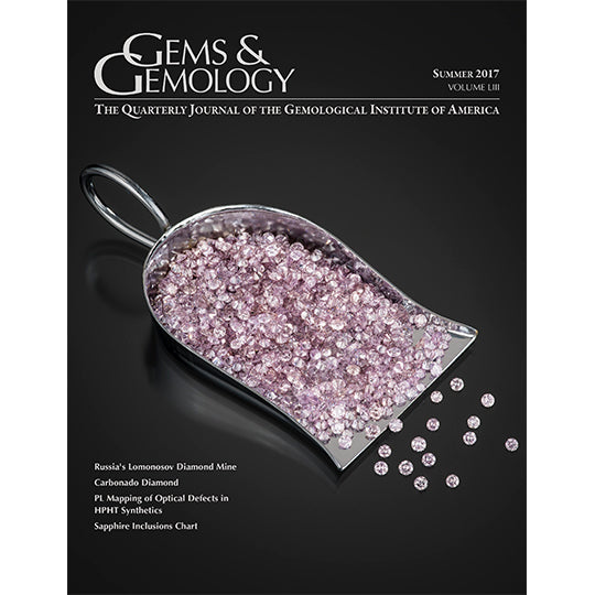Cover of Gems & Gemology Summer 2017 issue, featuring scoop full of pale pink gems