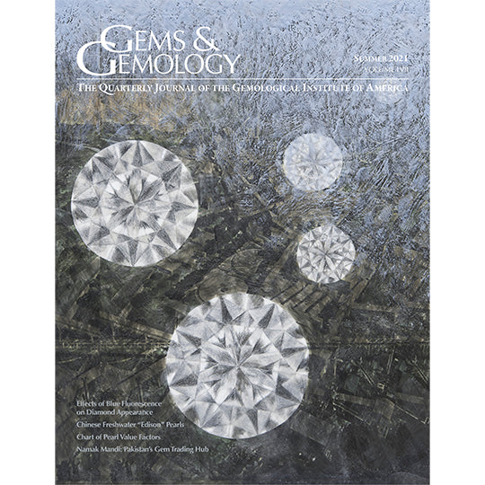 Cover of Gems & Gemology Summer 2021 issue, featuring mixed-media painting “Overblue” by John McDevitt King.