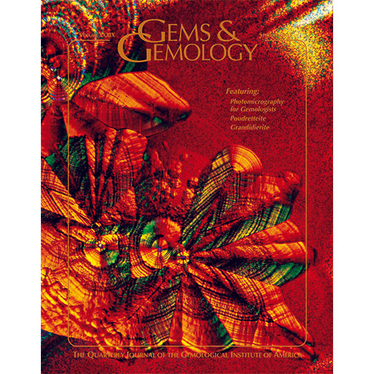 Cover of Gems & Gemology Spring 2003 issue, featuring photomicrograph of abstract red pattern