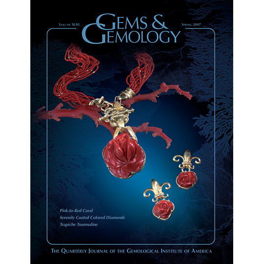 Cover of Spring 2007 Gems & Gemology issue, featuring red gemstones carved with braided textures