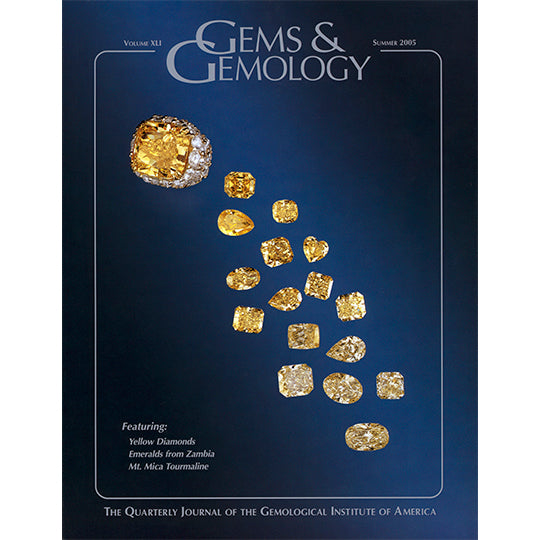 Cover of Gems & Gemology Summer 2005 issue, featuring pale yellow gemstones carved in different shapes
