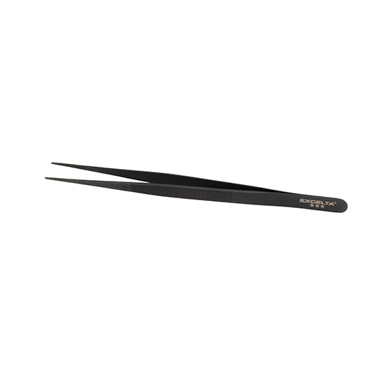 Black Excelta tweezers with serrated handles and pointed tips